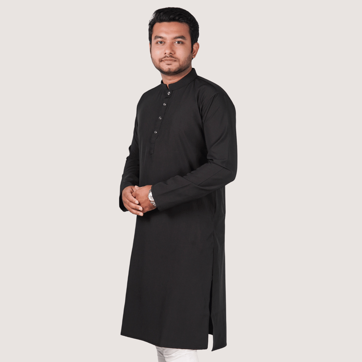 Black-1 ব্ল্যাক কালার অরিজিনাল প্রিমিয়াম চায়না ফেব্রিকের সলিড পাঞ্জাবি - Image 1