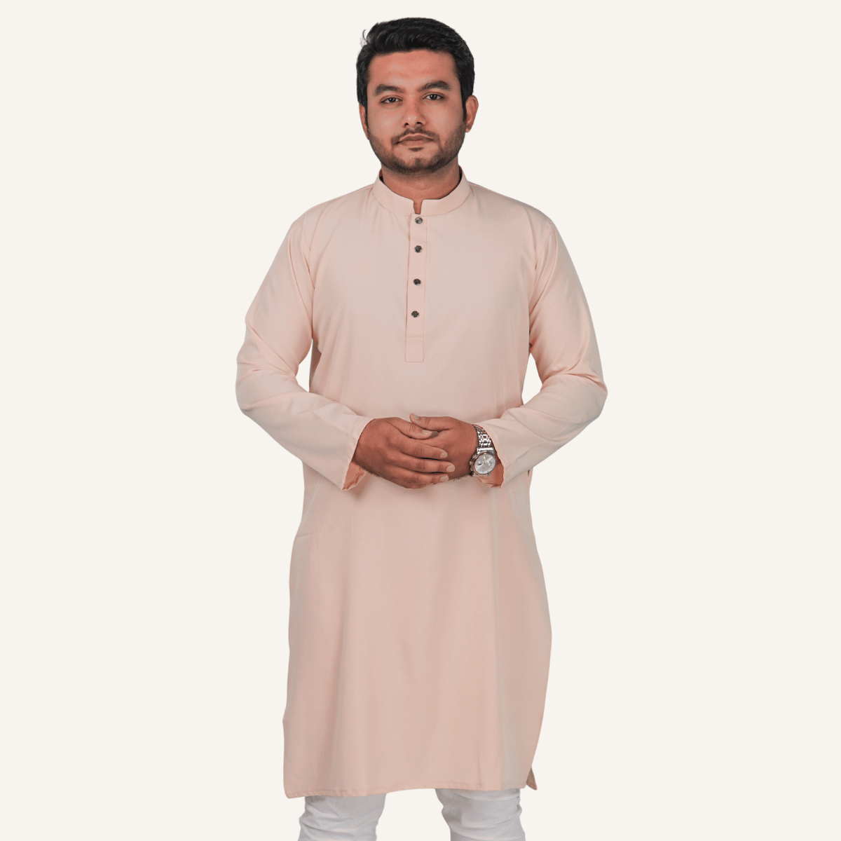 Cream-1 ক্রিম কালার অরিজিনাল প্রিমিয়াম চায়না ফেব্রিকের সলিড পাঞ্জাবি - Image 1