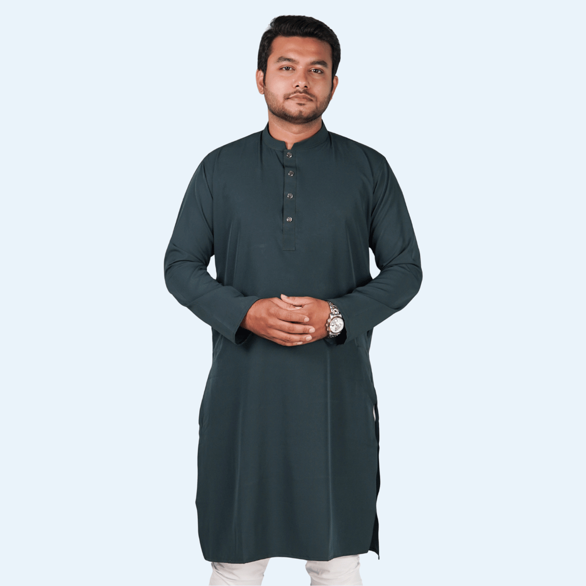 Dark Green-1 ডার্ক গ্রিন কালার অরিজিনাল প্রিমিয়াম চায়না ফেব্রিকের সলিড পাঞ্জাবি - Image 1