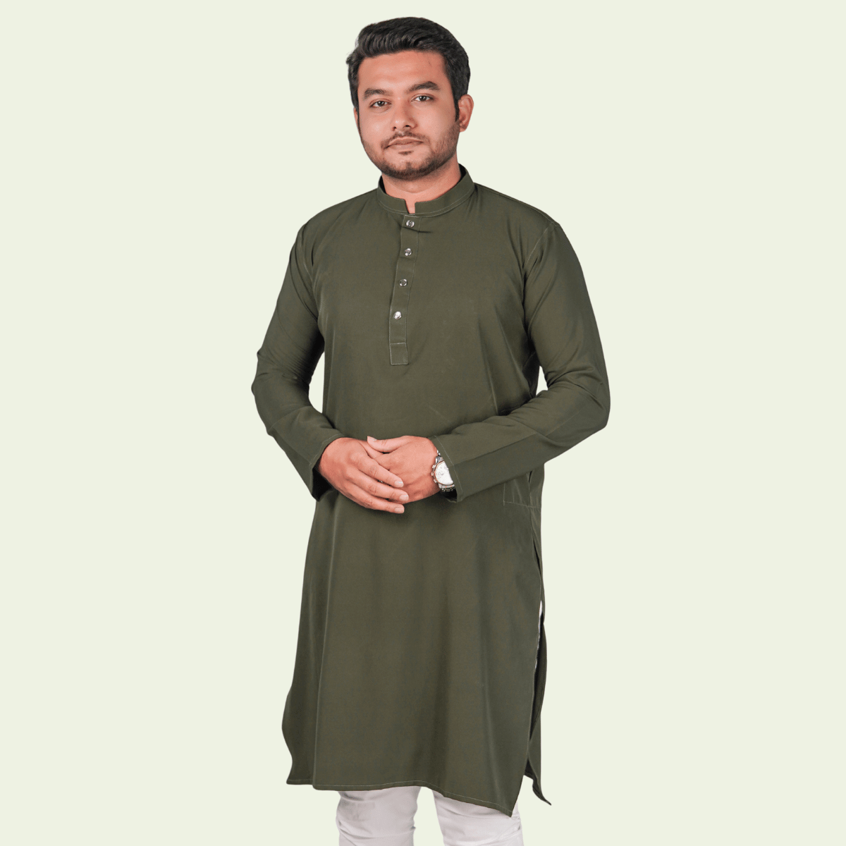 Olive-1 জলপাই কালার অরিজিনাল প্রিমিয়াম চায়না ফেব্রিকের সলিড পাঞ্জাবি - Image 1